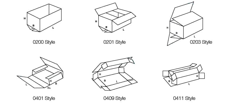 illustration of the six ways the mailing box can fold